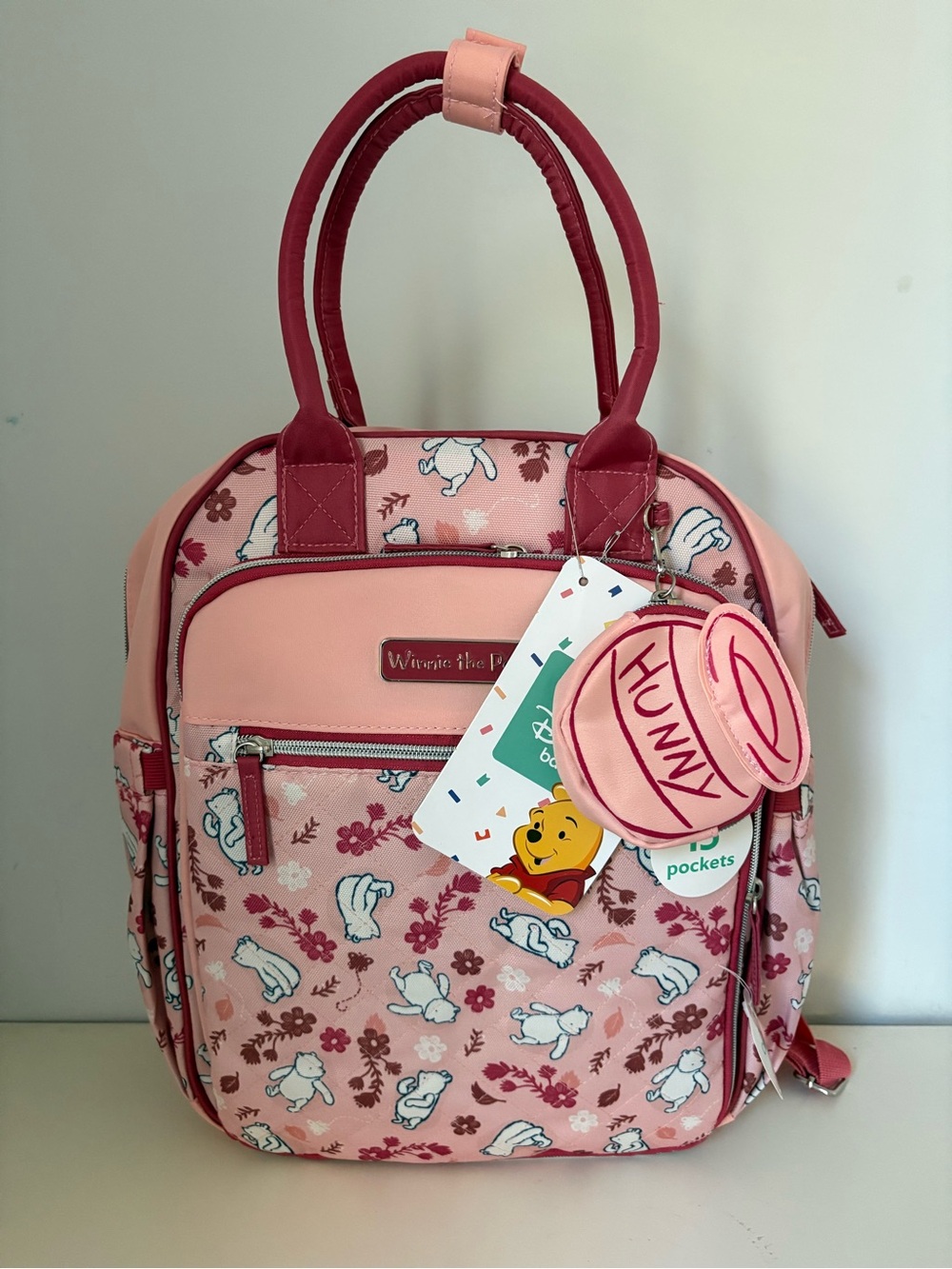 Winnie the Pooh Disney Baby Multi-Piece Diaper Bag Baby Bag Set Pink Leaves NWT - Picture 2 of 15